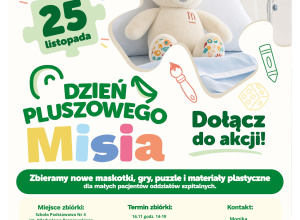 plakat przestawia pluszowego misia z zachęceniem do dołączenia do akcji