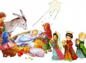 Ilustracja bożonarodzeniowa: dziecko w żłóbku obok Maryja i Józef, dzieci w kolorowych strojach, trzej królowie i zwierzęta