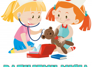 dwie dziewczynki ubrane w stój lekarza ratują misia