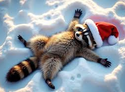 szop pracz w czapce Swiętego Mikołaja leżący na śnigu