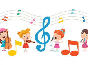 nutki, klucz wiolinowy oraz dzieci grające na instrumentach i śpiewające