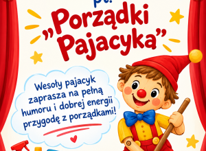 plakat przedstawiający sprzątającego pajacyka