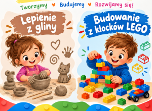 dziewczynka lepi z gliny, chłopiec buduje z klocków lego